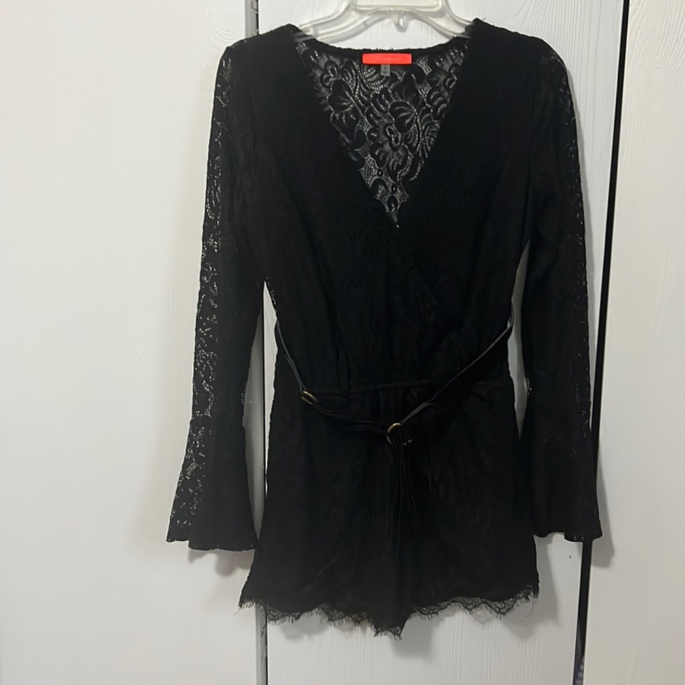 Lulumari Black lace one piece romper long sleeve shorts sexy